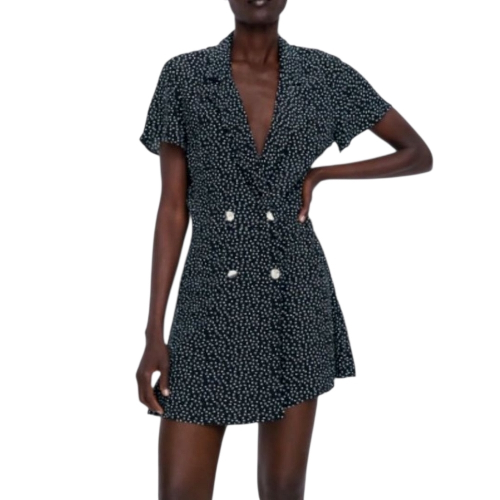 Zara Polka Dot Playsuit Black/White Romper Skort Double-breasted size XS